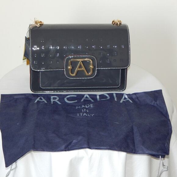 ARCADIA Genuine Patent Leather Flap Chain Crossbody Bag in Dark Grey Italy NWT - Picture 7 of 15